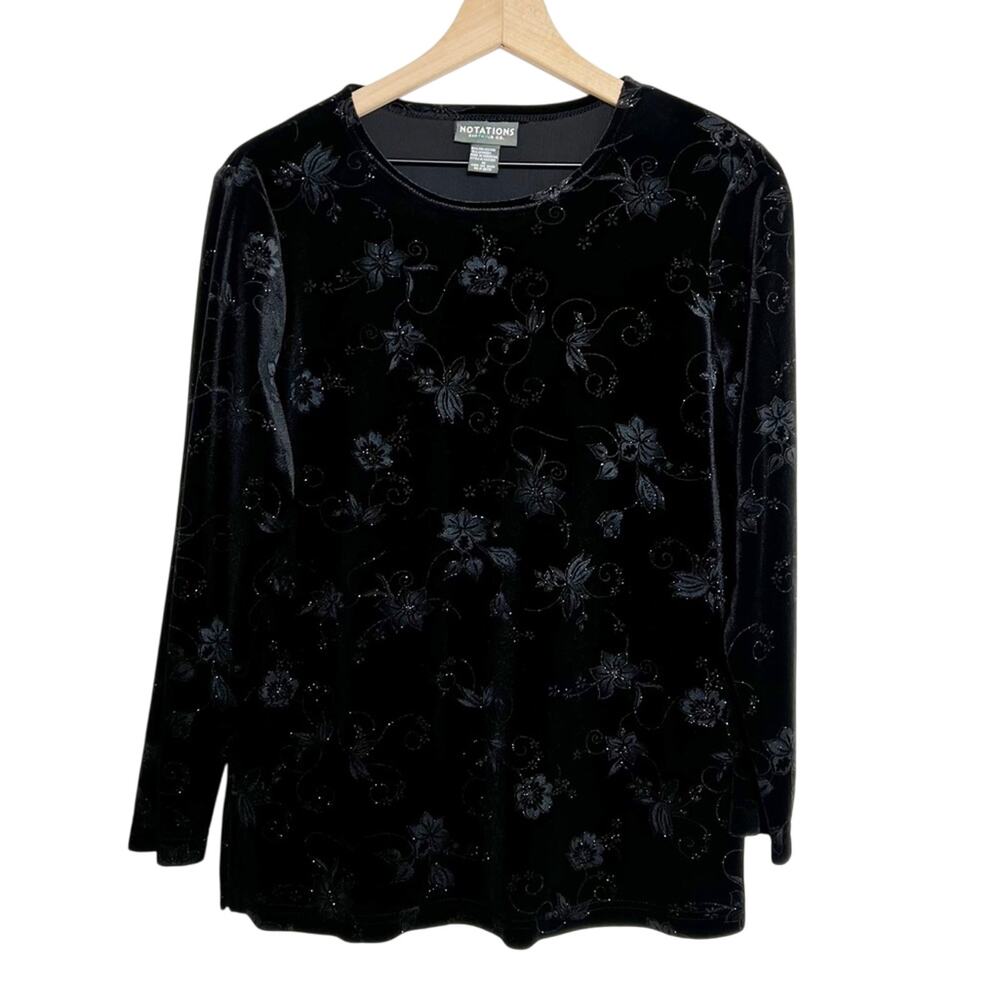 NOTATIONS CLOTHING CO. BLACK SPARKLY FLORAL LONG SLEEVE BLOUSE WOMEN SIZE MEDIUM